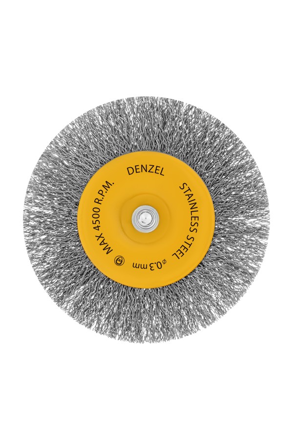 Щетка для дрели 100 мм, Плоская, со шпилькой, нержавеющая витая проволока Denzel