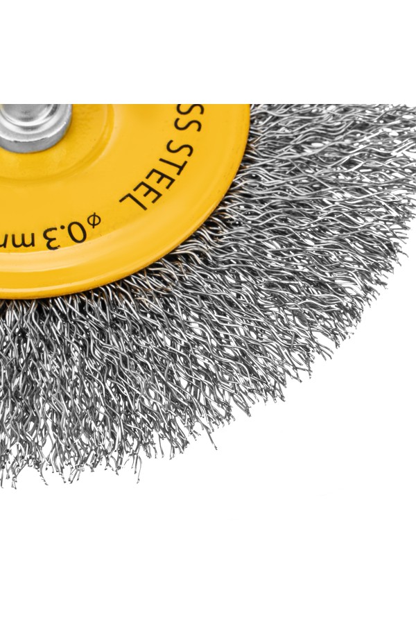 Щетка для дрели 100 мм, Плоская, со шпилькой, нержавеющая витая проволока Denzel