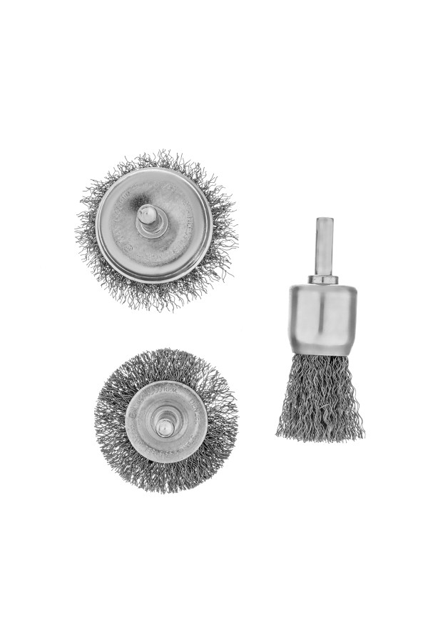 Набор щеток для дрели, 1 Плоская 50мм, 2 Чашки 25-50мм, шпилька, нерж. вит. проволока Denzel