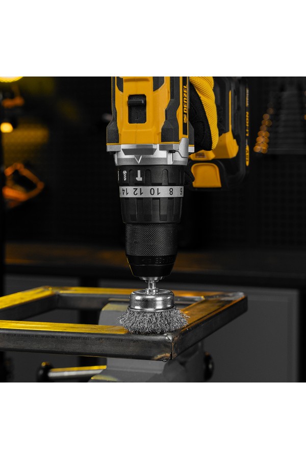 Набор щеток для дрели, 1 Плоская 50мм, 2 Чашки 25-50мм, шпилька, нерж. вит. проволока Denzel