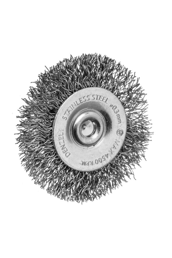 Набор щеток для дрели, 1 Плоская 50мм, 2 Чашки 25-50мм, шпилька, нерж. вит. проволока Denzel