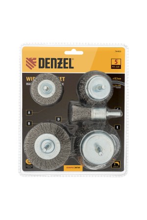 Набор щеток для дрели, 2 Плоские 50-75мм, 3 Чашки 25-50-75мм, шпилька,  нерж.вит. проволока Denzel