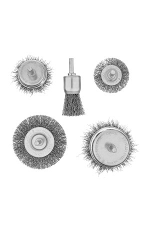 Набор щеток для дрели, 2 Плоские 50-75мм, 3 Чашки 25-50-75мм, шпилька,  нерж.вит. проволока Denzel