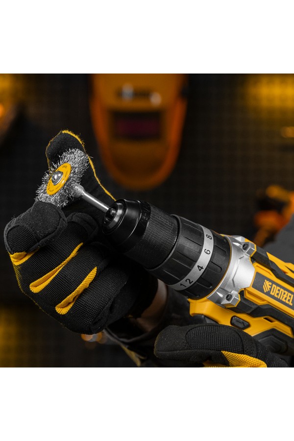 Набор щеток для дрели, 5 Плоских 25-38-50-63-75 мм, шпилька, нерж. вит. проволока Denzel