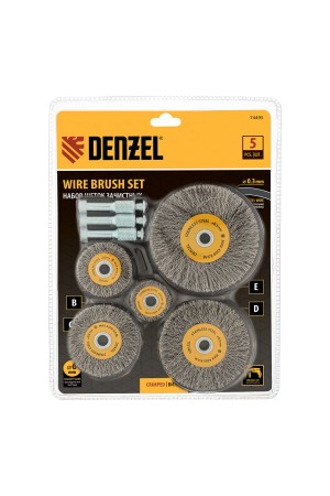 Набор щеток для дрели, 5 Плоских 25-38-50-63-75 мм, шпилька, нерж. вит. проволока Denzel