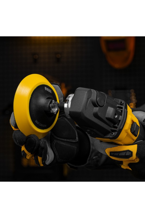 Тарелка опорная для дрели и УШМ с липучкой, 115 мм, мягкая, с адаптером c М14 на d8 Denzel