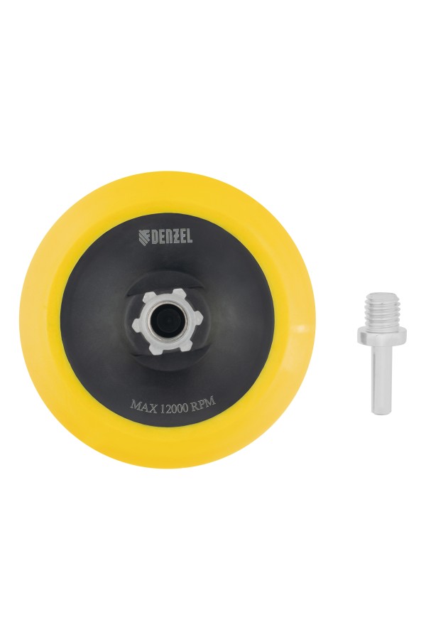 Тарелка опорная для дрели и УШМ с липучкой, 125 мм, мягкая, с адаптером c М14 на d8 Denzel