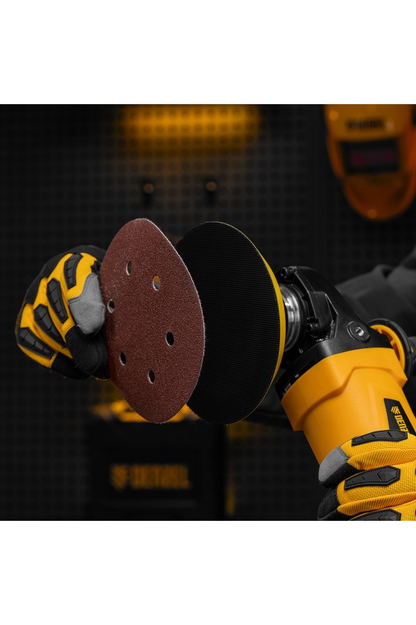 Тарелка опорная для дрели и УШМ с липучкой, 150 мм, мягкая, с адаптером c М14 на d8 Denzel