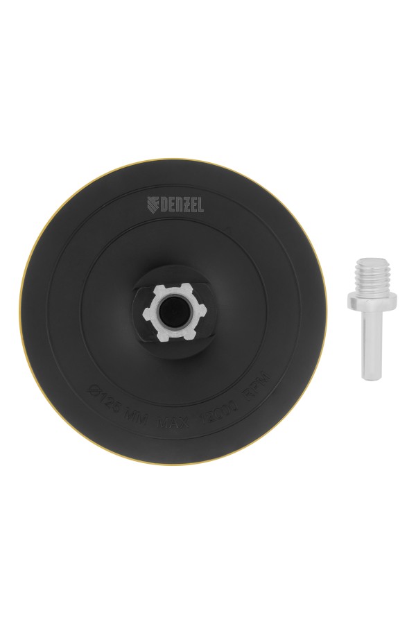 Тарелка опорная для дрели и УШМ с липучкой, 125 мм, твердая, с адаптером c М14 на d8 Denzel