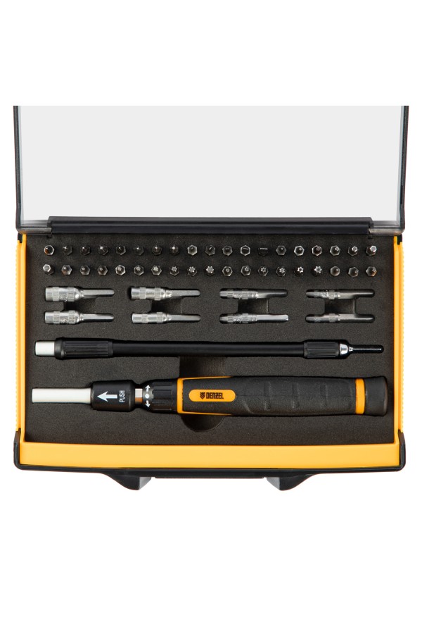 Отвертка с набором бит и торцевых головок для точных работ, гибкий привод, 48 шт, CrMo Denzel