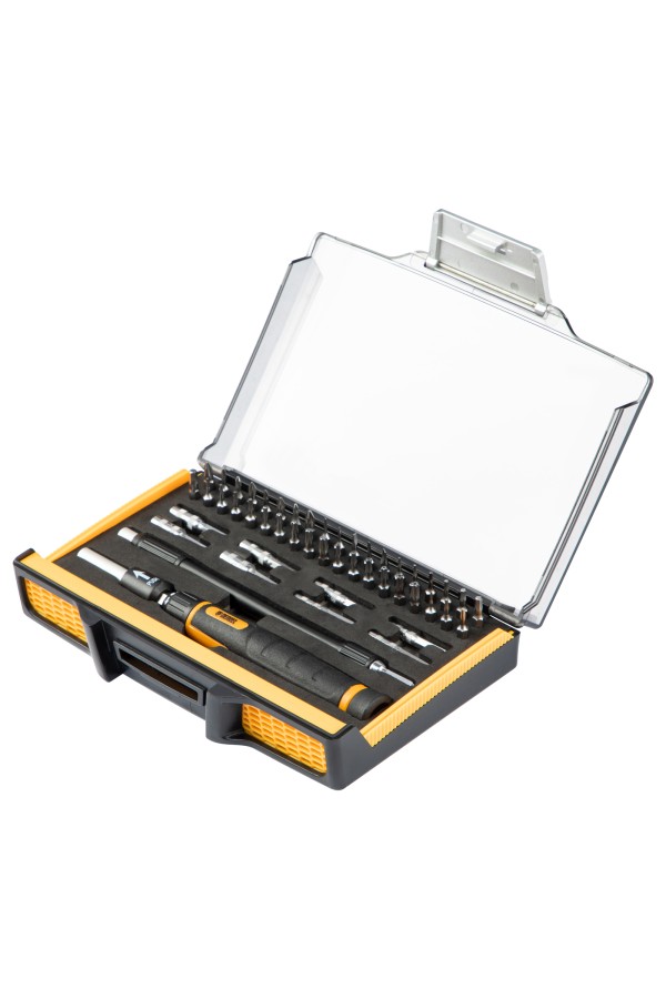 Отвертка с набором бит и торцевых головок для точных работ, гибкий привод, 48 шт, CrMo Denzel