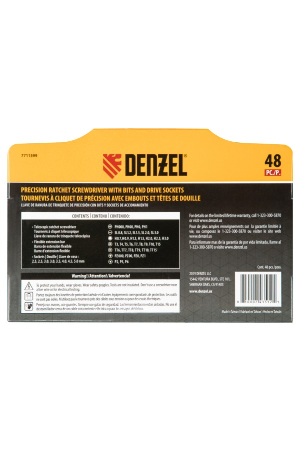 Отвертка с набором бит и торцевых головок для точных работ, гибкий привод, 48 шт, CrMo Denzel