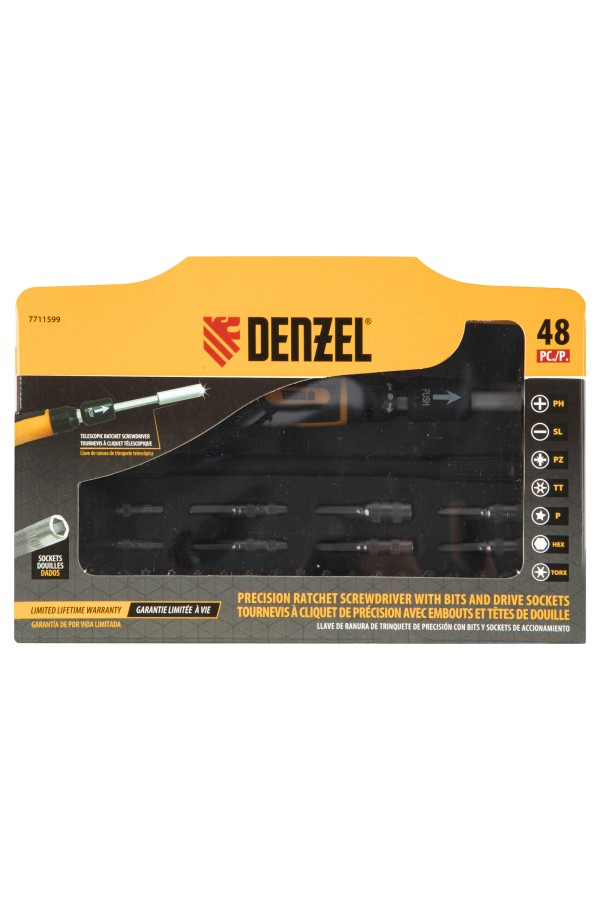 Отвертка с набором бит и торцевых головок для точных работ, гибкий привод, 48 шт, CrMo Denzel
