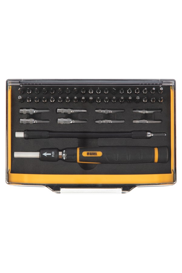 Отвертка с набором бит и торцевых головок для точных работ, гибкий привод, 48 шт, CrMo Denzel