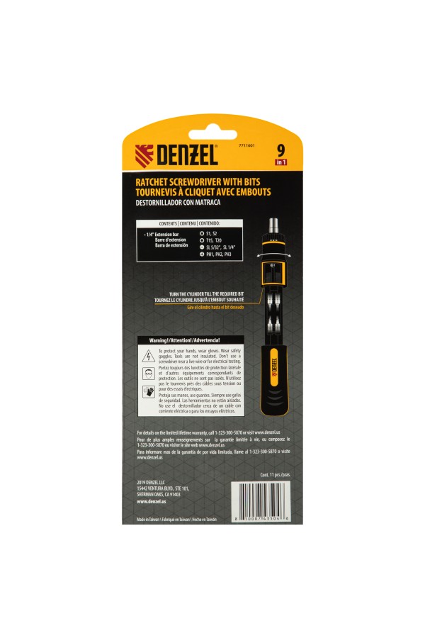 Отвертка реверсивная с револьверным механизмом, 11 шт, сталь S2  Denzel