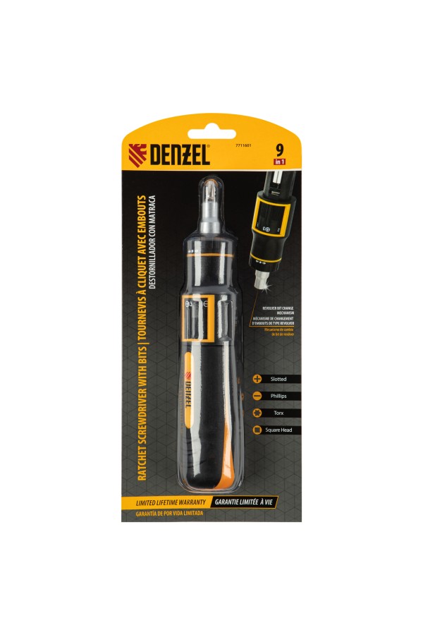 Отвертка реверсивная с револьверным механизмом, 11 шт, сталь S2  Denzel
