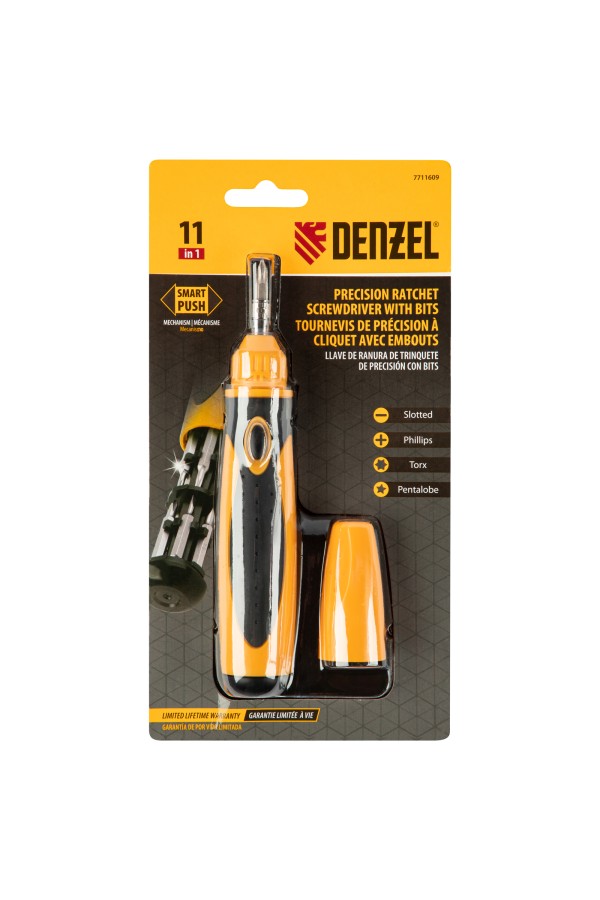 Отвертка реверсивная, механизм SmartPush mini 11 шт, CrMo Denzel