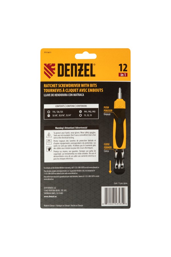 Отвертка реверсивная, механизм SmartPush 12 шт, S2 Denzel