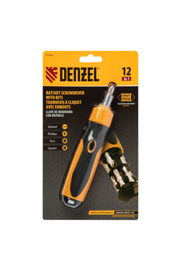 Отвертка реверсивная, механизм SmartPush 12 шт, S2 Denzel