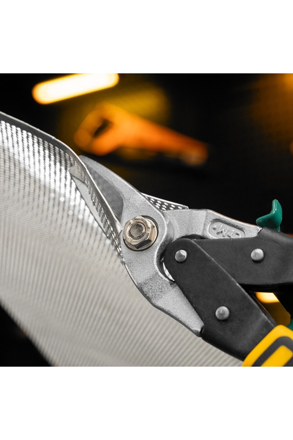 Ножницы по металлу, 270 мм, прямой и правый рез, сталь-СrMo, трехкомпонентные рукоятки Denzel