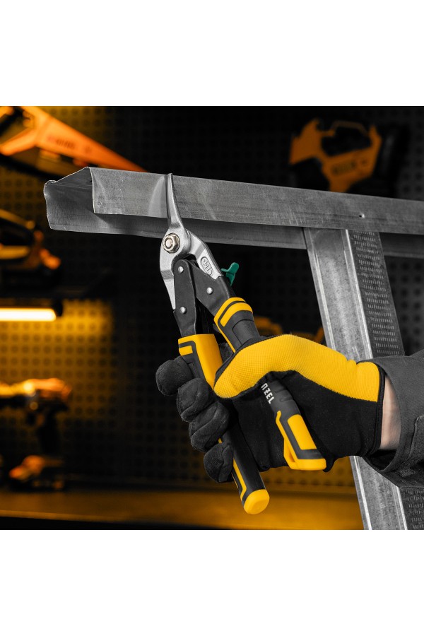 Ножницы по металлу, 270 мм, прямой и правый рез, сталь-СrMo, трехкомпонентные рукоятки Denzel