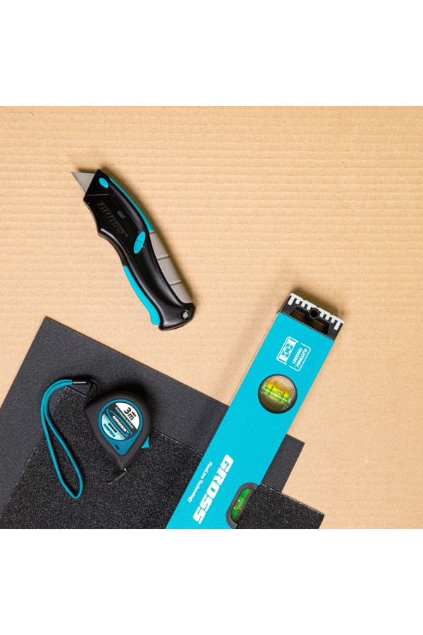 Нож ремонтно-монтажный, трехкомпонентная рукоятка, автовыброс, возврат лезвия, пистолетного типа, 170 мм, 5 запасных лезвий Gross