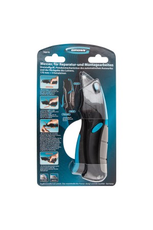 Нож ремонтно-монтажный, трехкомпонентная рукоятка, автовыброс, возврат лезвия, пистолетного типа, 170 мм, 5 запасных лезвий Gross