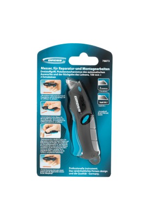 Нож ремонтно-монтажный мини, трехкомпонентная рукоятка, авто выброс, возврат лезвия, 100 мм, 2 запасных лезвия Gross