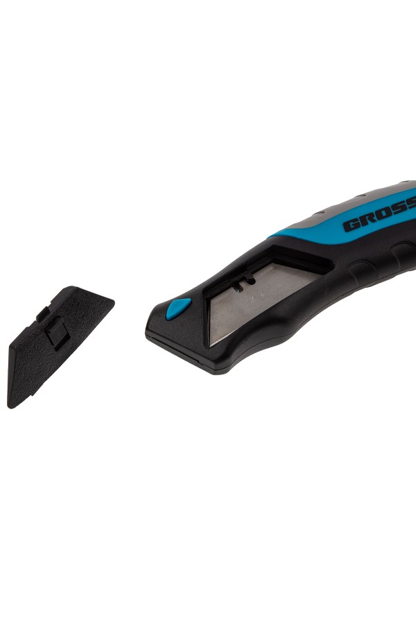 Нож ремонтно-монтажный, трехкомпонентная рукоятка, кнопочный автовыброс, возврат лезвия, 175 мм, 5 запасных лезвий Gross