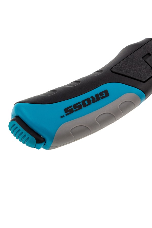 Нож ремонтно-монтажный, трехкомпонентная рукоятка, кнопочный автовыброс, возврат лезвия, 175 мм, 5 запасных лезвий Gross