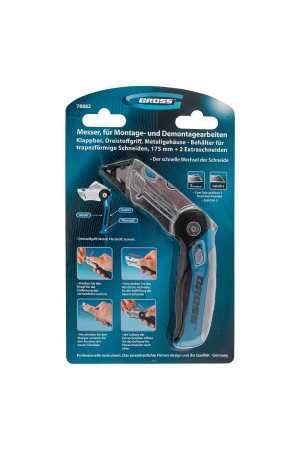 Нож ремонтно-монтажныйный, складной, трехкомпонентная рукоятка, контейнер-держатель для лезвий, 175 мм, 2 запасных лезвия Gross