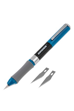 Нож для дизайна, выдвижное перовое лезвие, двухкомпонентная рукоятка, металлическая клипса для фиксации, 150 мм, 2 запасных лезвия Gross