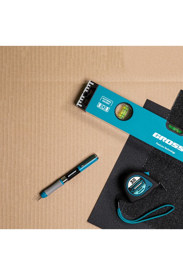 Нож для дизайна, выдвижное перовое лезвие, двухкомпонентная рукоятка, металлическая клипса для фиксации, 150 мм, 2 запасных лезвия Gross