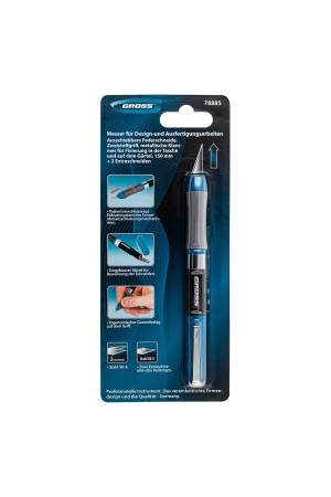 Нож для дизайна, выдвижное перовое лезвие, двухкомпонентная рукоятка, металлическая клипса для фиксации, 150 мм, 2 запасных лезвия Gross