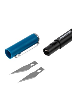 Нож для дизайна, выдвижное перовое лезвие, двухкомпонентная рукоятка, металлическая клипса для фиксации, 150 мм, 2 запасных лезвия Gross