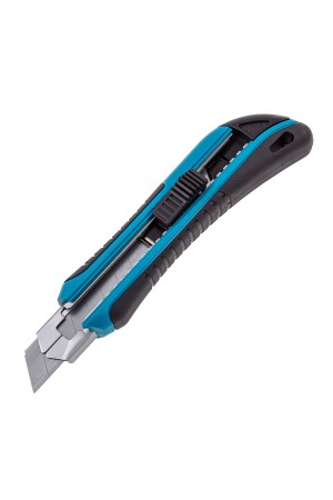 Нож, 170 мм, обрезиненный ABS-корпус, выдвижное сегментное лезвие 18 мм (SK-5), металлическая направляющая, 5 запасных лезвий Gross