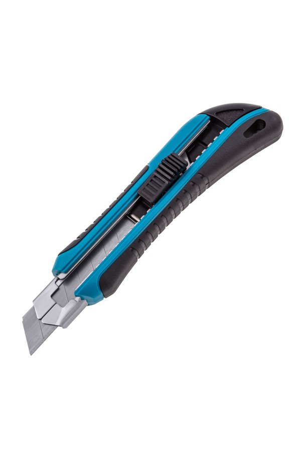 Нож, 170 мм, обрезиненный ABS-корпус, выдвижное сегментное лезвие 18 мм (SK-5) металлическая направляющая, 5 запасных лезвий Gross