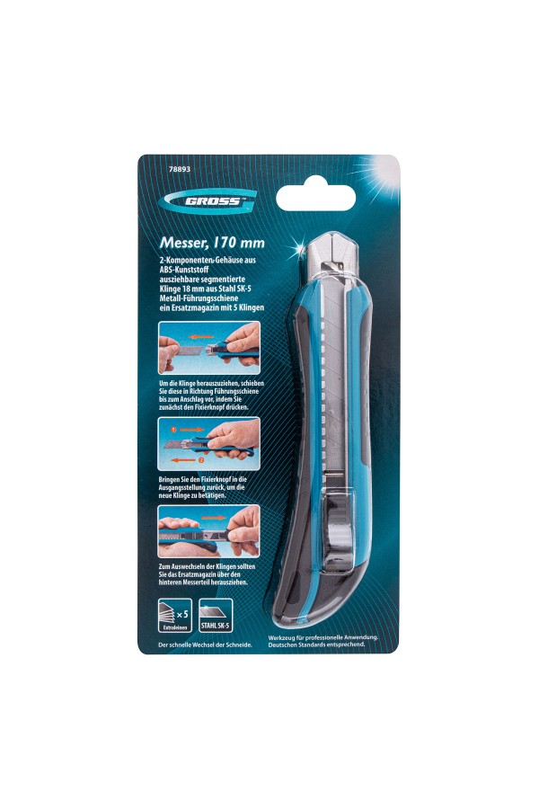 Нож, 170 мм, обрезиненный ABS-корпус, выдвижное сегментное лезвие 18 мм (SK-5) металлическая направляющая, 5 запасных лезвий Gross