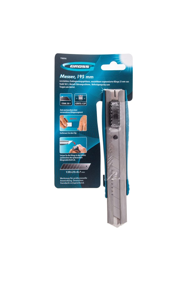 Нож, 195 мм, металлический корпус, выдвижное сегментное лезвие 25 мм (SK-5) металлическая направляющая, клипса для ремня Gross