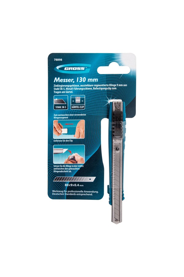 Нож, 130 мм, металлический корпус, выдвижное сегментное лезвие 9 мм (SK-5) металлическая направляющая, клипса для ремня Gross