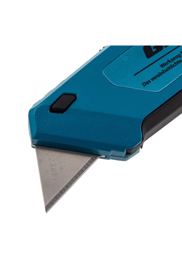 Нож, 130 мм, алюминиевый корпус, выдвижное трапециевидное лезвие 18 мм (SK-5) клипса для ремня, 4 лезвия Gross