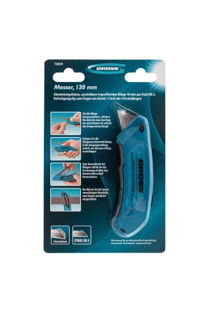 Нож, 130 мм, алюминиевый корпус, выдвижное трапециевидное лезвие 18 мм (SK-5), клипса для ремня, 4 лезвия Gross