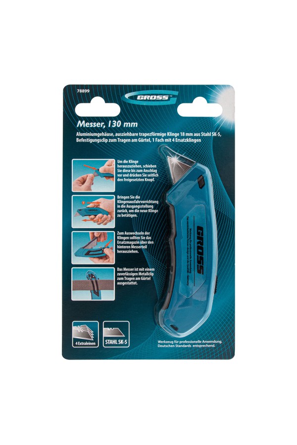 Нож, 130 мм, алюминиевый корпус, выдвижное трапециевидное лезвие 18 мм (SK-5) клипса для ремня, 4 лезвия Gross