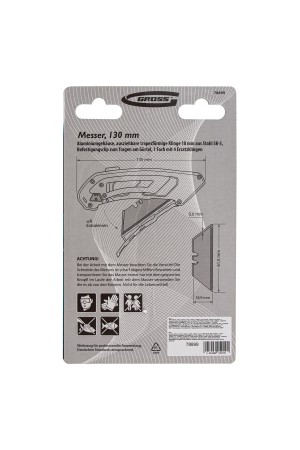 Нож, 130 мм, алюминиевый корпус, выдвижное трапециевидное лезвие 18 мм (SK-5), клипса для ремня, 4 лезвия Gross