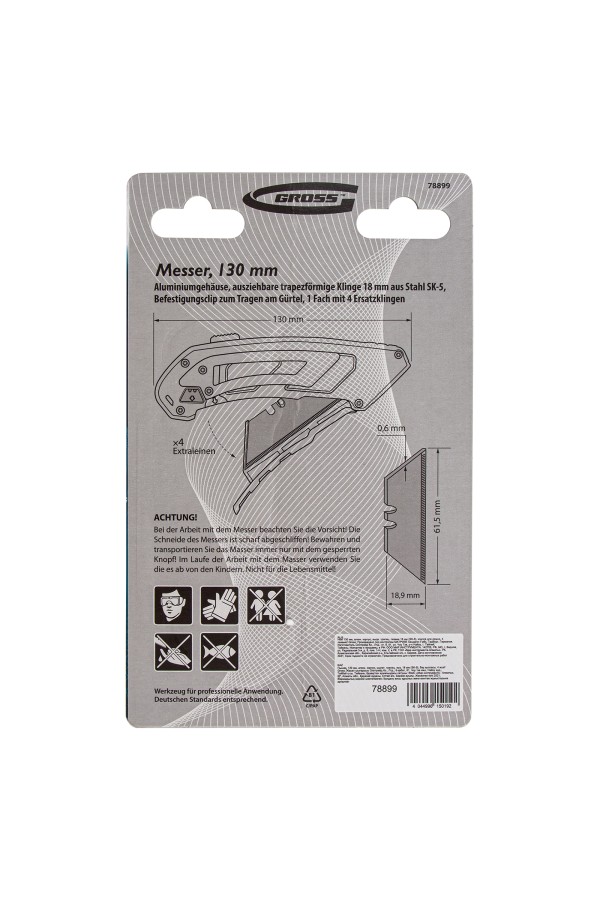Нож, 130 мм, алюминиевый корпус, выдвижное трапециевидное лезвие 18 мм (SK-5) клипса для ремня, 4 лезвия Gross
