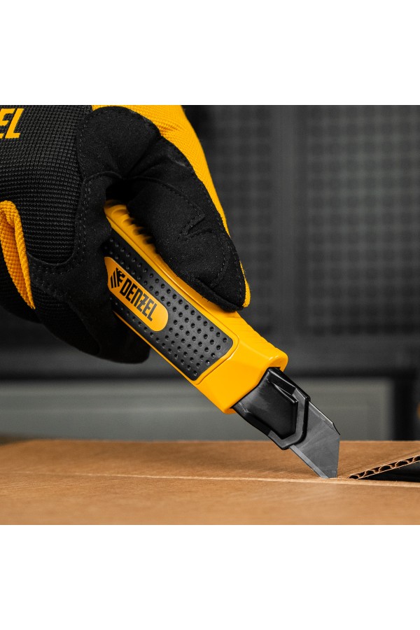 Нож, 18 мм, сменное лезвие, SK4, корпус из цинкового сплава + TPR, торцевой зажим Denzel