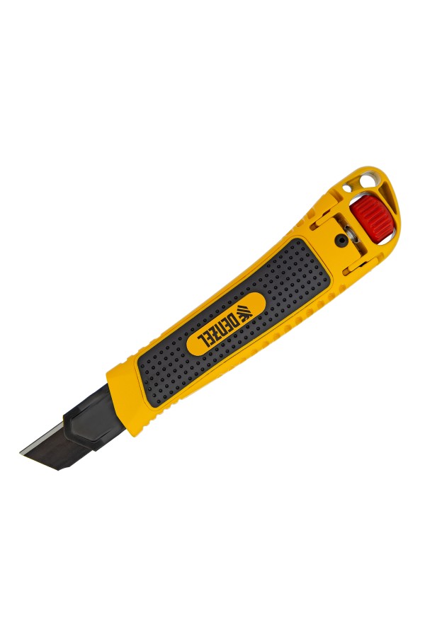 Нож, 18 мм, сменное лезвие, SK4, корпус из цинкового сплава + TPR, торцевой зажим Denzel