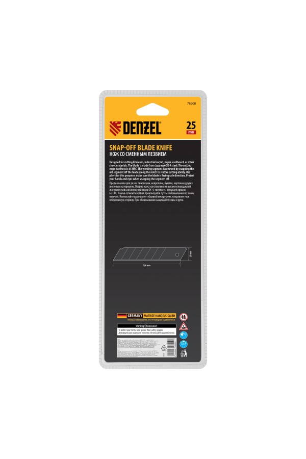 Нож, 25 мм, сменное лезвие, SK4, корпус из ABS + TPR, торцевой зажим Denzel
