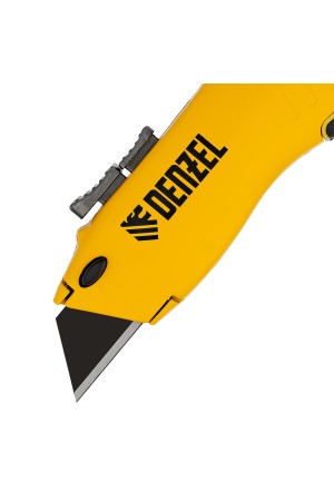 Нож, 19мм, сменное трапециевидное  лезвие, SK4, алюминиевый корпус, торцевой зажим Denzel