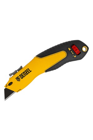 Нож, 19мм, сменное трапециевидное  лезвие, SK4, алюминиевый корпус, торцевой зажим Denzel